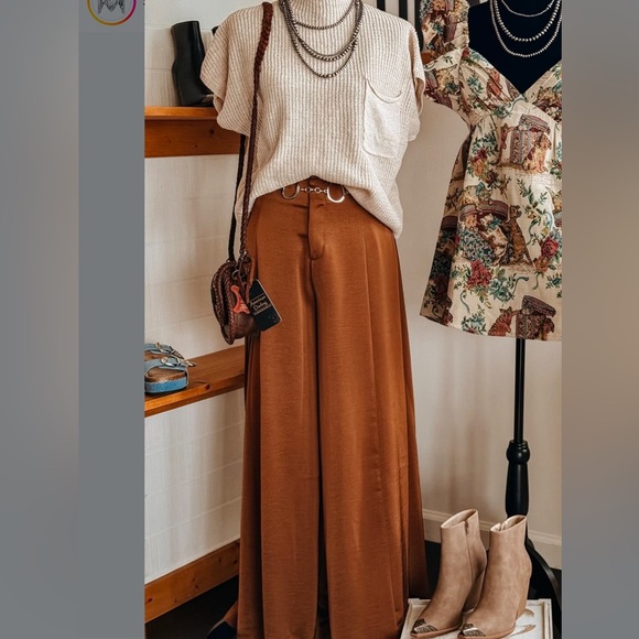 NWT The Wild J Satin Camel Brown Palazzo Pants - Picture 4 of 8